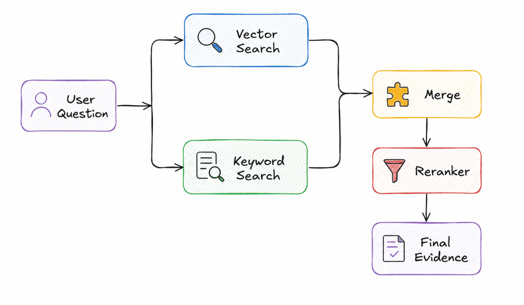 The user question goes to vector search and keyword search; their results are merged, reranked, and become the final evidence.